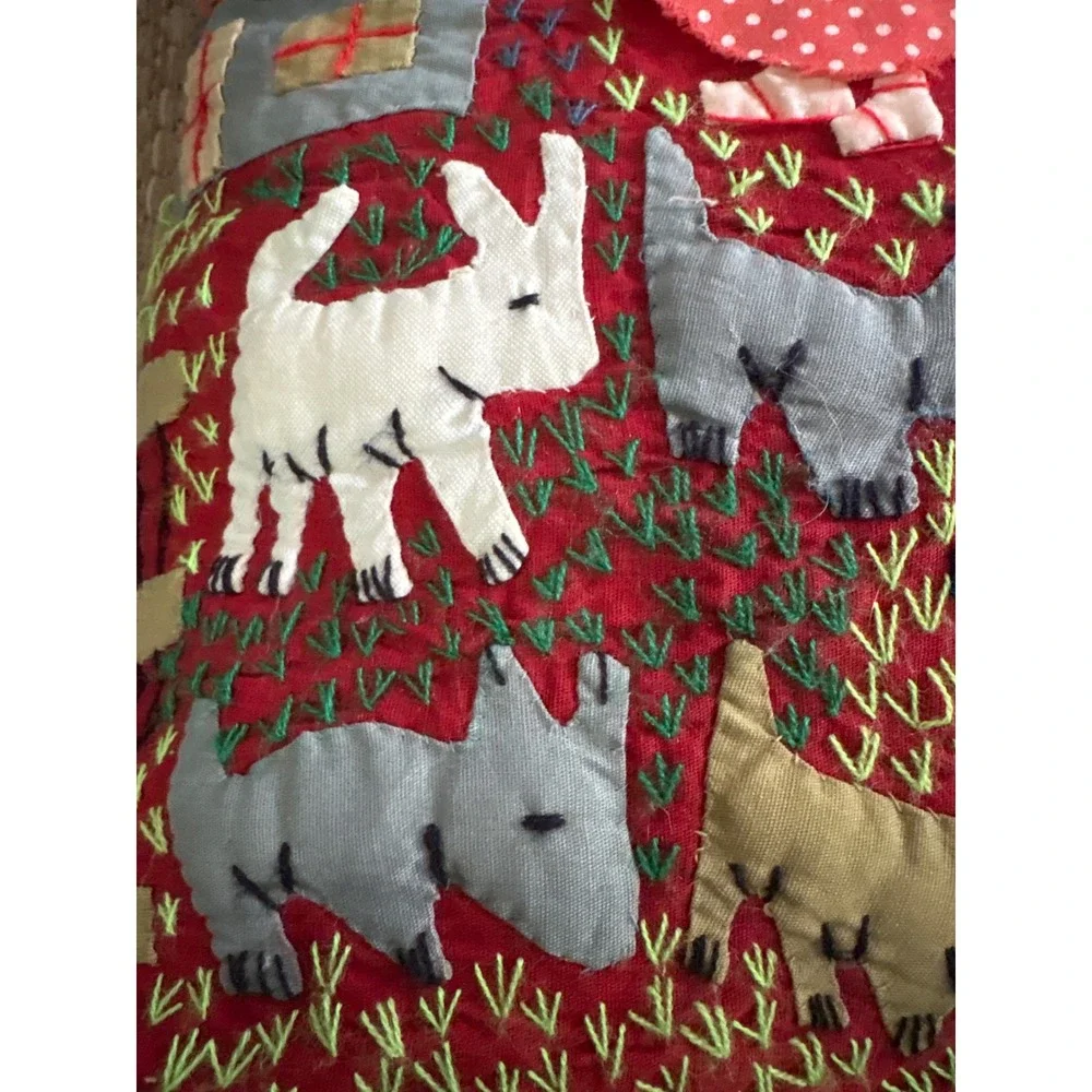 Vintage Handmade Folk Art Embroidered Appliqué Village Scene Throw Pillow Blue